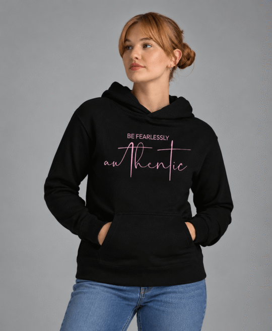 Women’s Black Graphic Hoodie – Fearlessly Authentic Motivational Sweatshirt