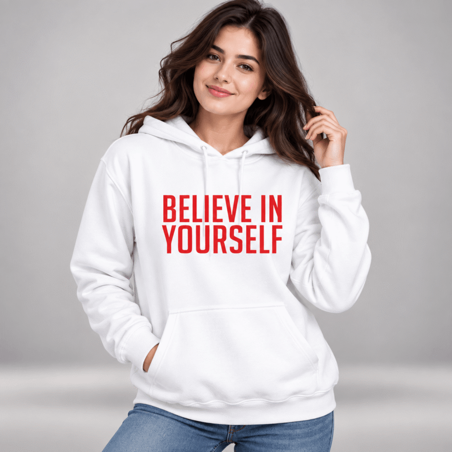 Buy women’s White graphic hoodie with a Believe in Yourself message